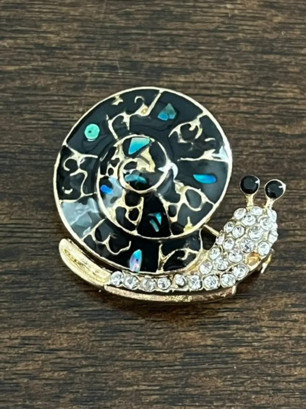 Snail Brooch Enameled Rhinestone Black Blue Gold Tone